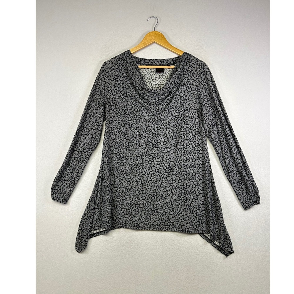 Contemporary Rafaella Women Lg Grey Pebble Print Cowl Neck‎ Sharkbite Tunic Top